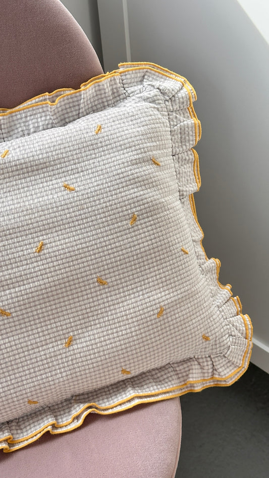 Ruffled Throw Pillow with Embroidered Ants