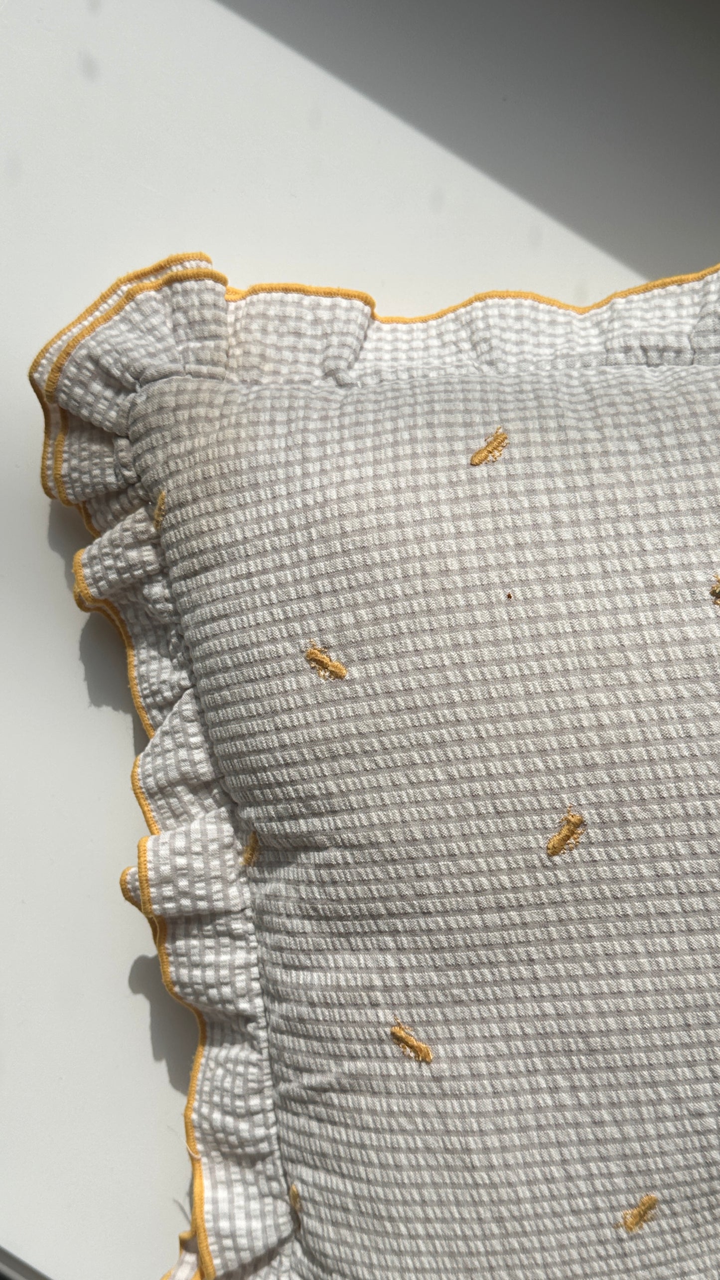 Ruffled Throw Pillow with Embroidered Ants