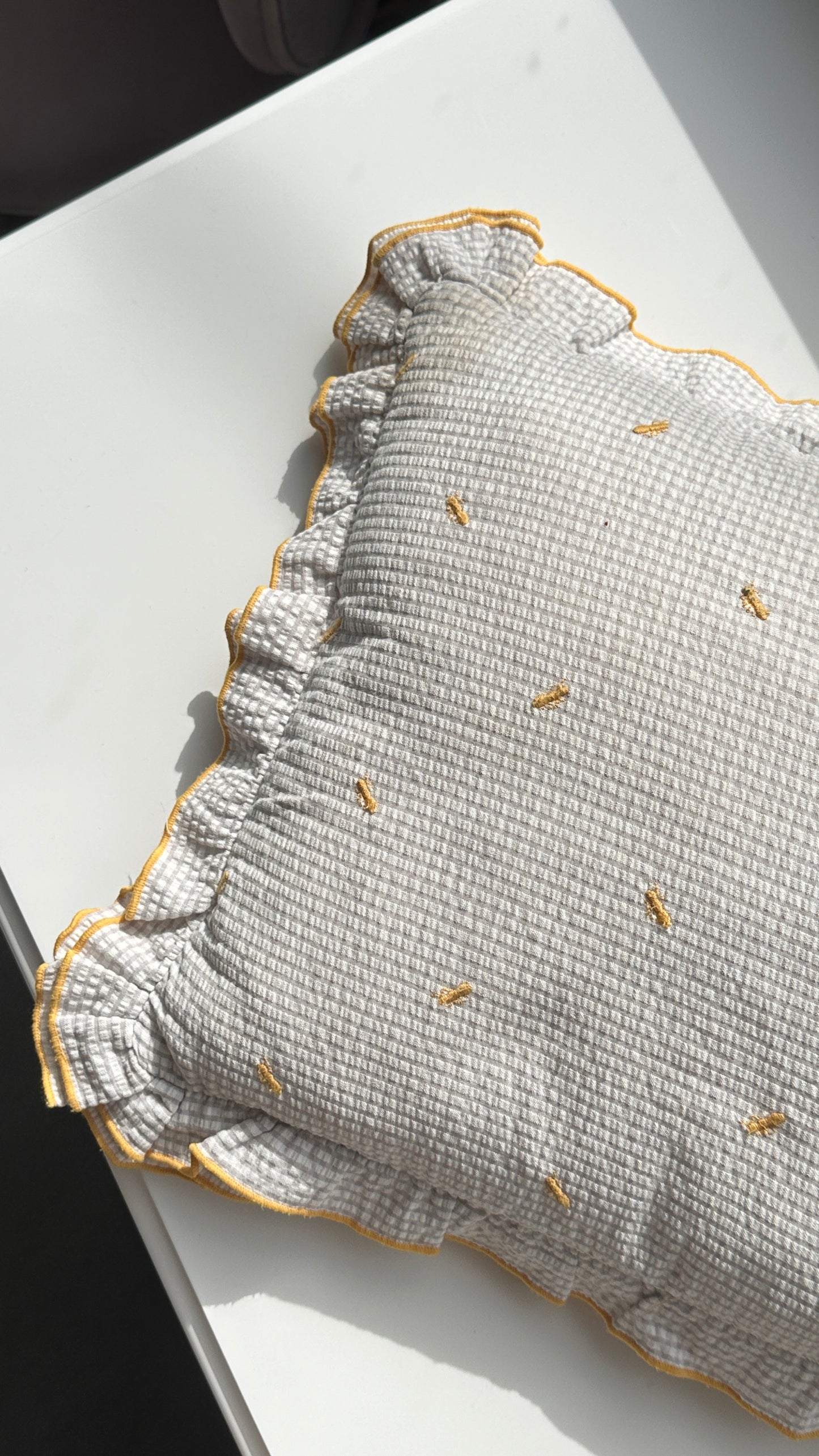 Ruffled Throw Pillow with Embroidered Ants