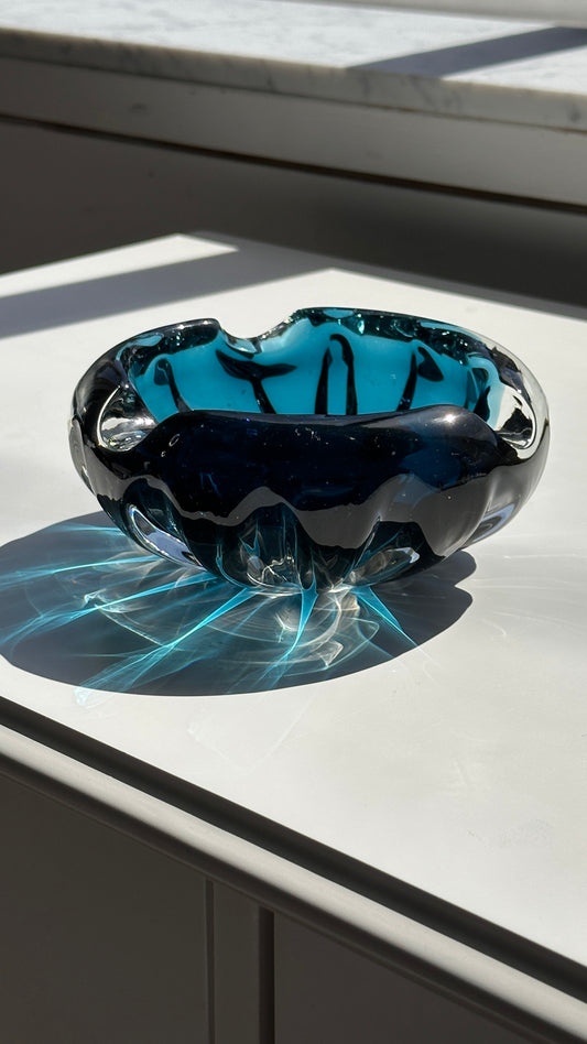 Vintage Blue Art Glass Ashtray