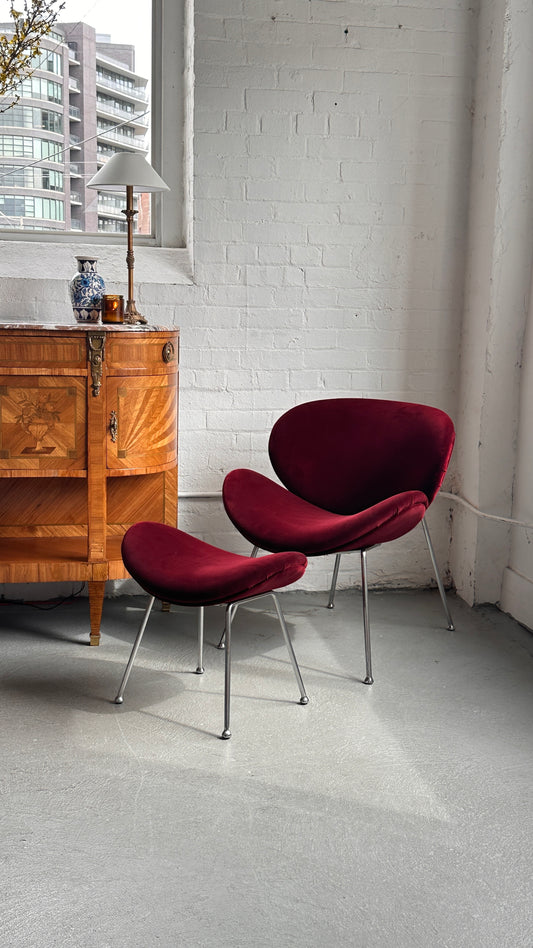 Reupholstered Velvet 'Orange Slice' Style Lounge Chair and Ottoman