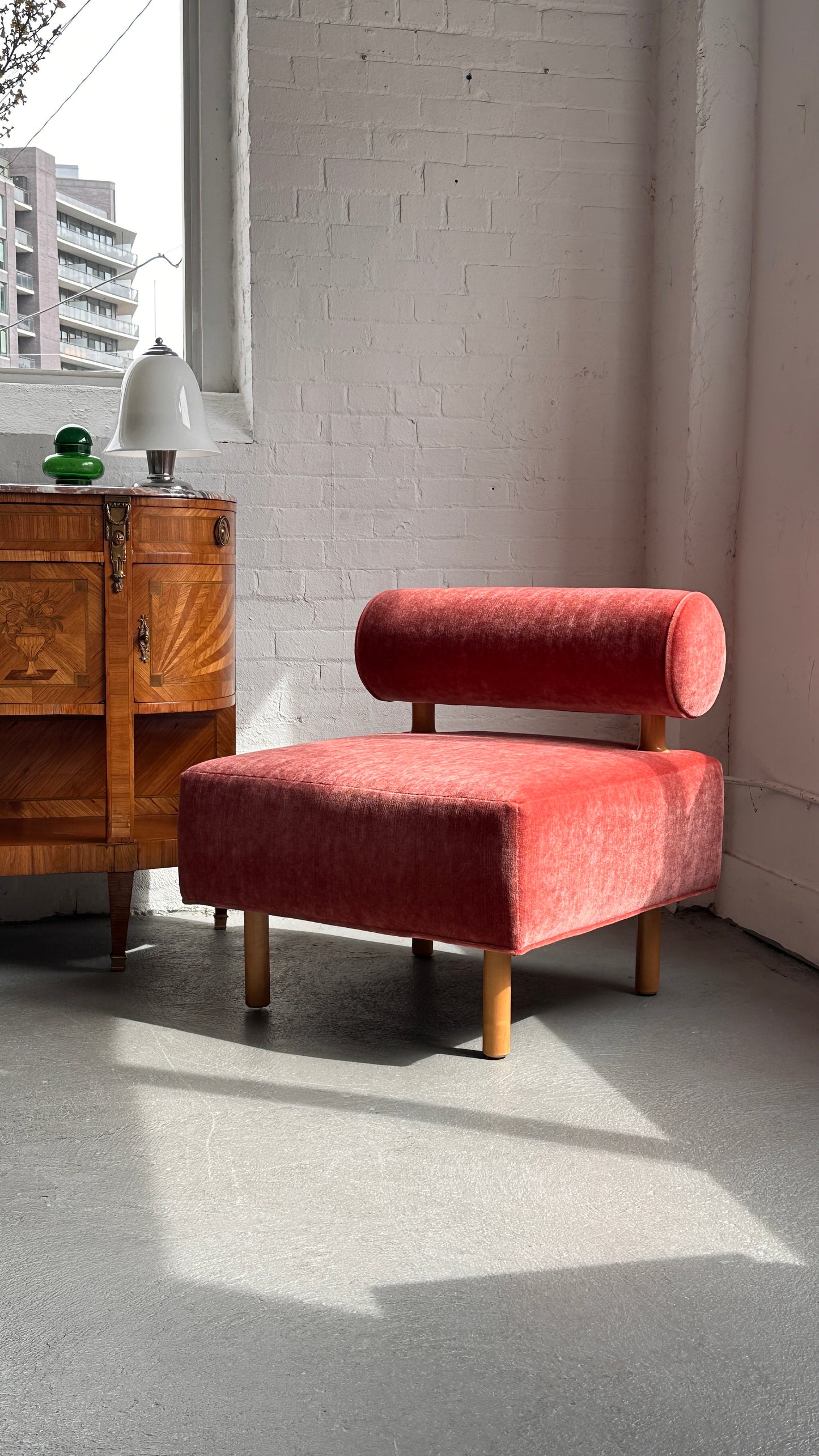Reupholstered Mohair Bolster Back Lounge Chair