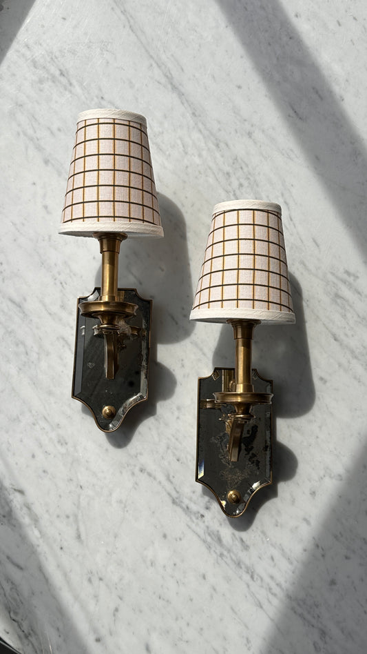Pair of Thomas O'Brian Mirrored Wall Sconces with Custom Shades