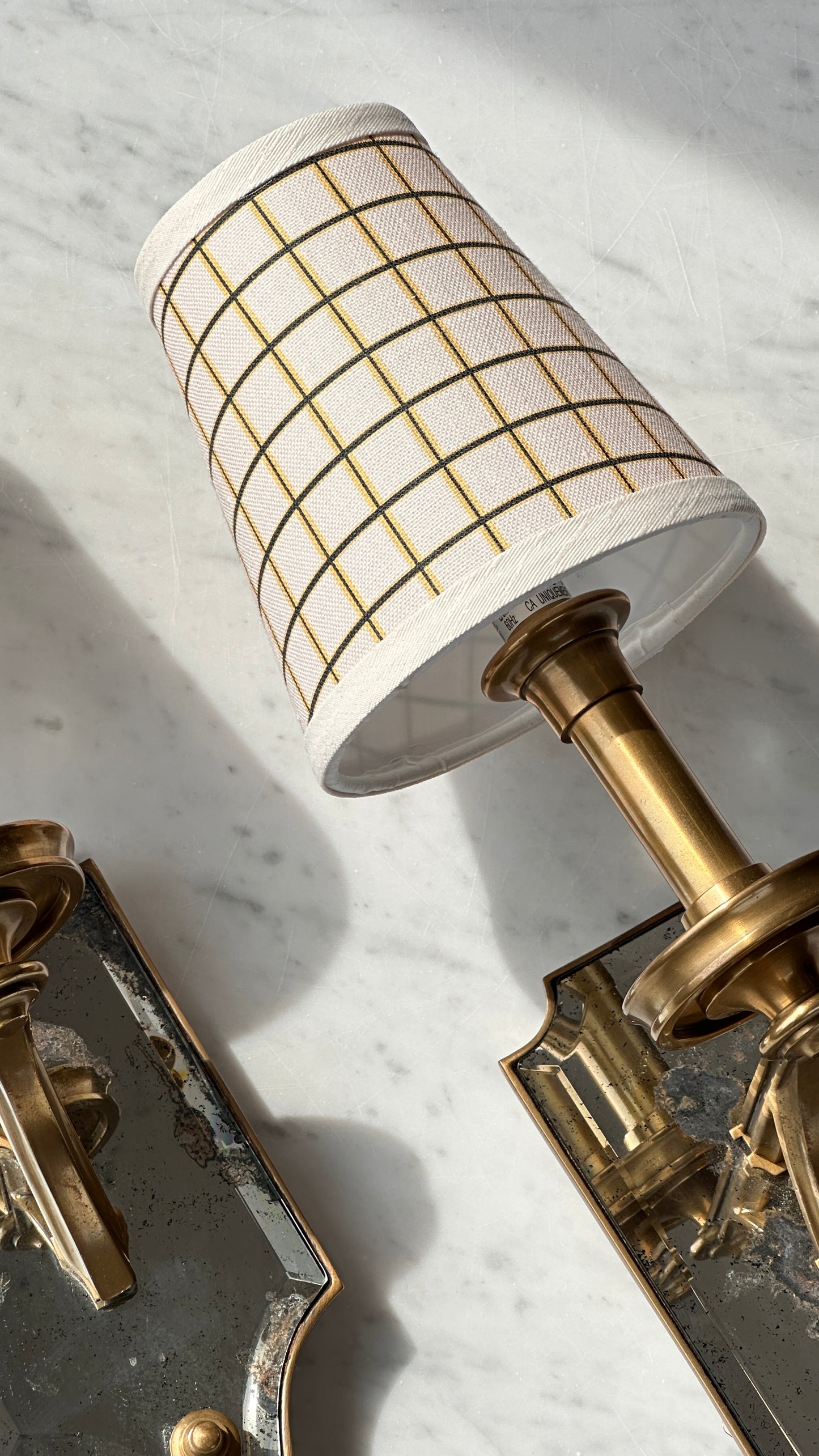 Pair of Thomas O'Brian Mirrored Wall Sconces with Custom Shades
