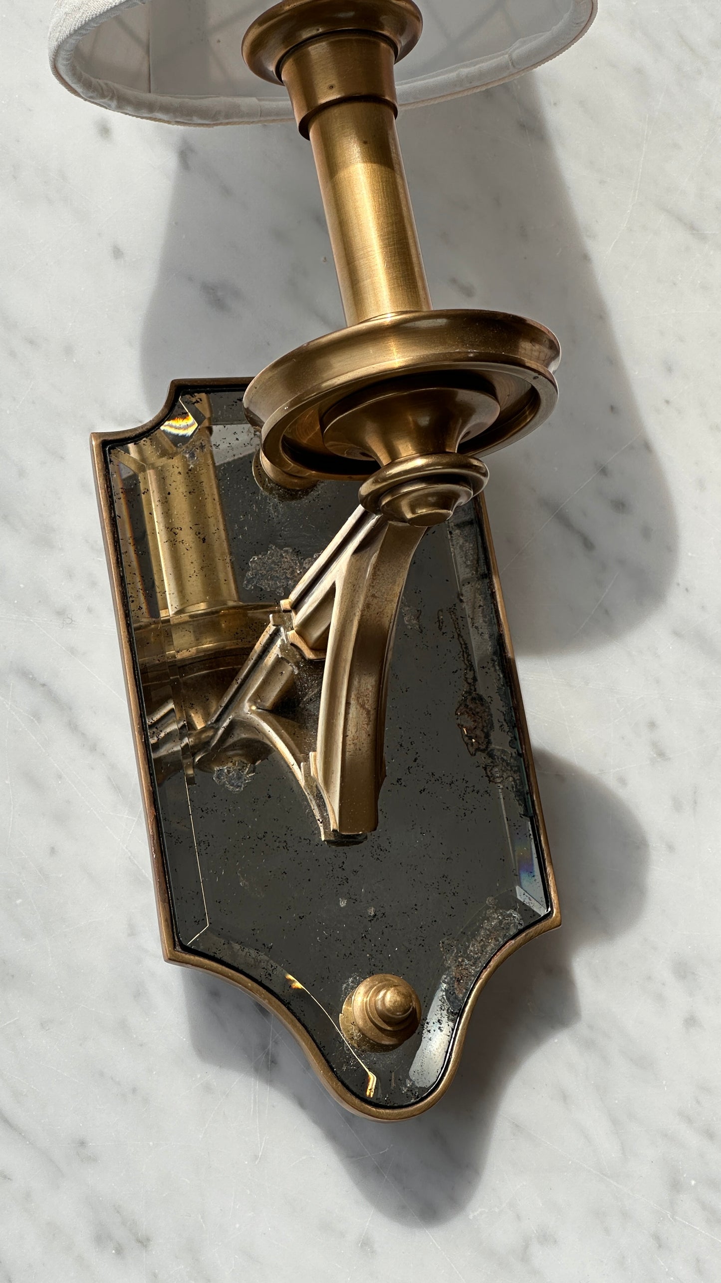 Pair of Thomas O'Brian Mirrored Wall Sconces with Custom Shades