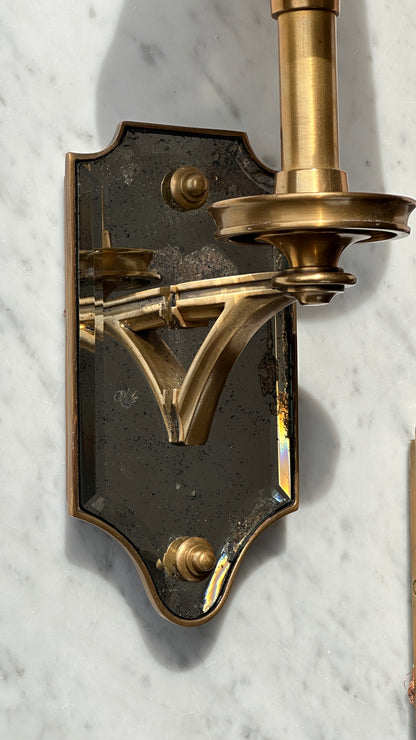Pair of Thomas O'Brian Mirrored Wall Sconces with Custom Shades