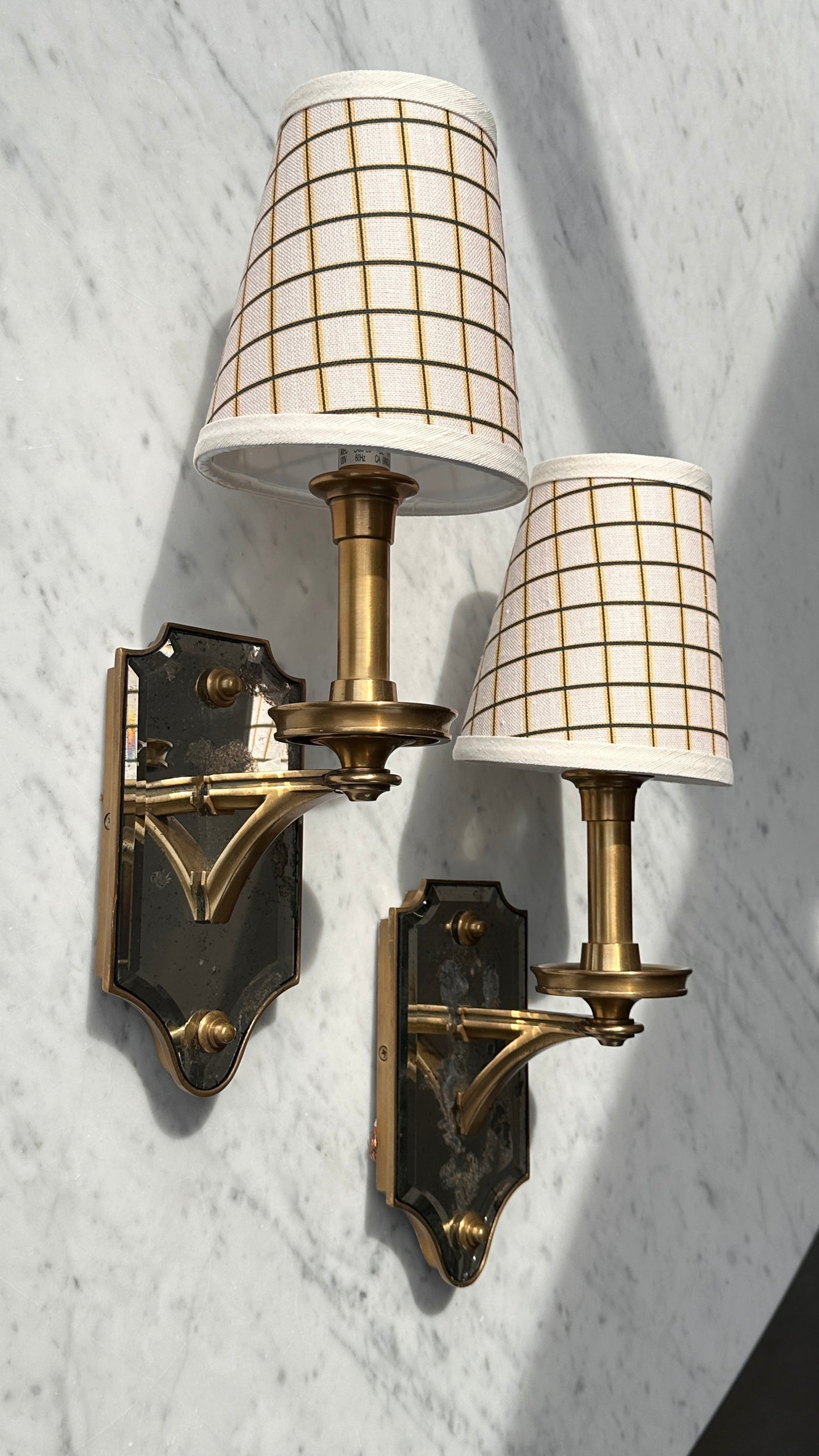 Pair of Thomas O'Brian Mirrored Wall Sconces with Custom Shades