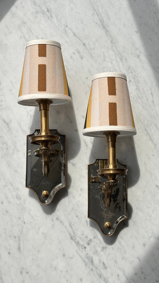 Pair of Thomas O'Brian Mirrored Wall Sconces with Custom Shades