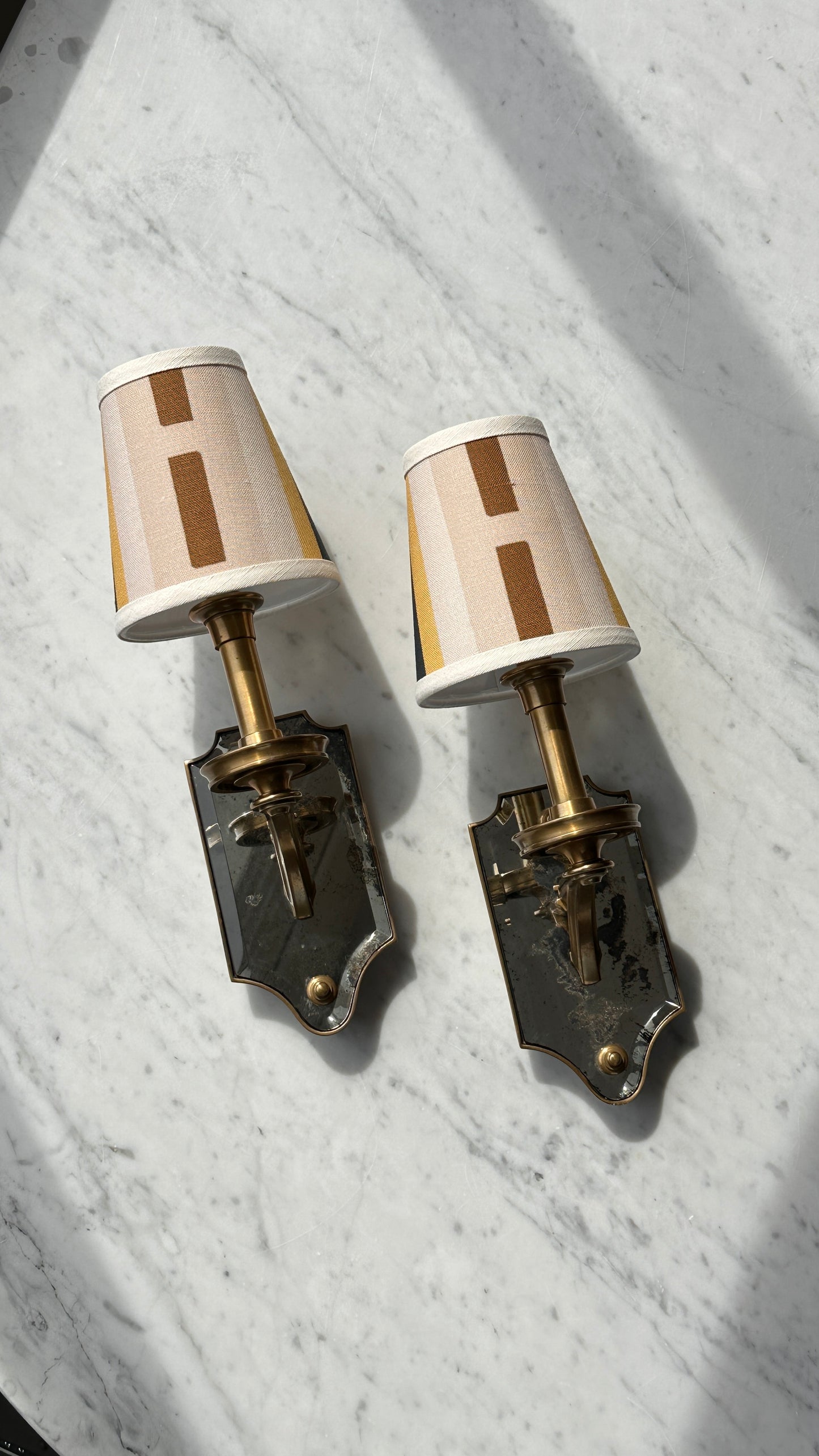 Pair of Thomas O'Brian Mirrored Wall Sconces with Custom Shades