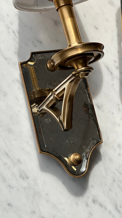 Pair of Thomas O'Brian Mirrored Wall Sconces with Custom Shades