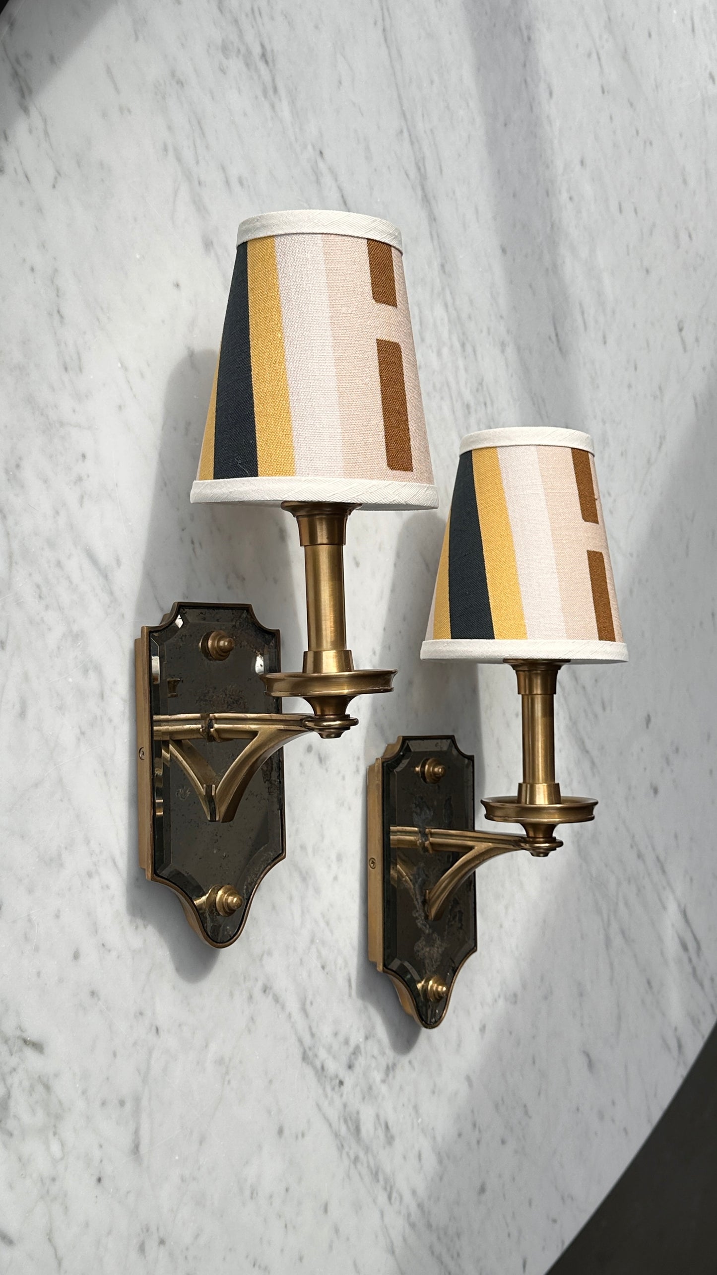 Pair of Thomas O'Brian Mirrored Wall Sconces with Custom Shades
