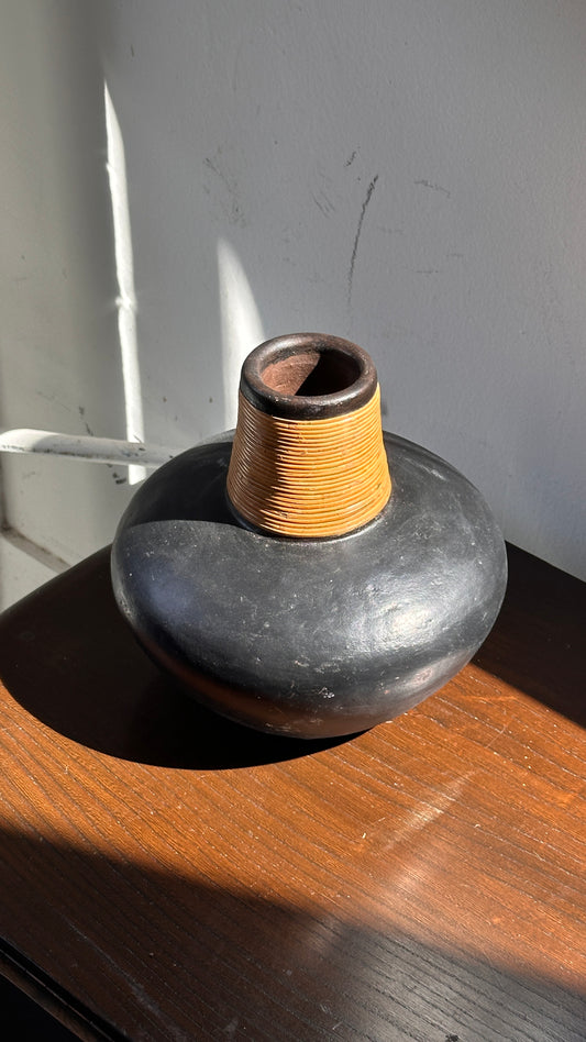 Charcol Clay Vase with Cane Wrapped Neck