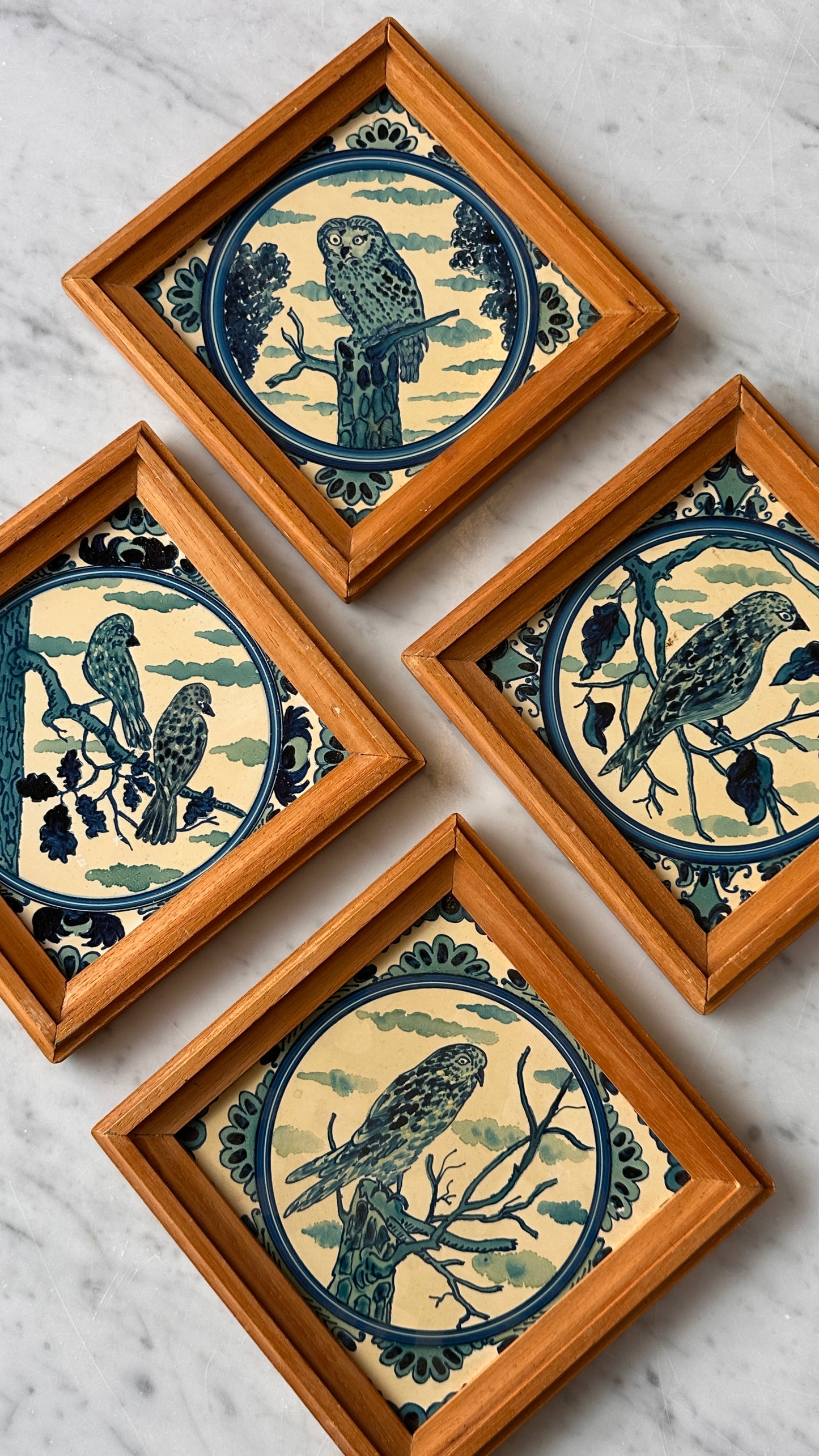 Collection of 4 Hand Painted Framed Bird Tiles