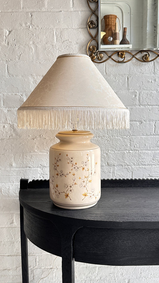 Cream Cylindrical Floral Lamp with Tasseled Shade