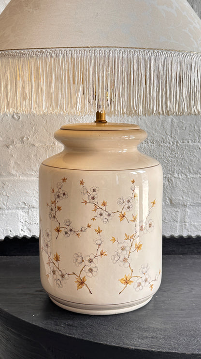Cream Cylindrical Floral Lamp with Tasseled Shade