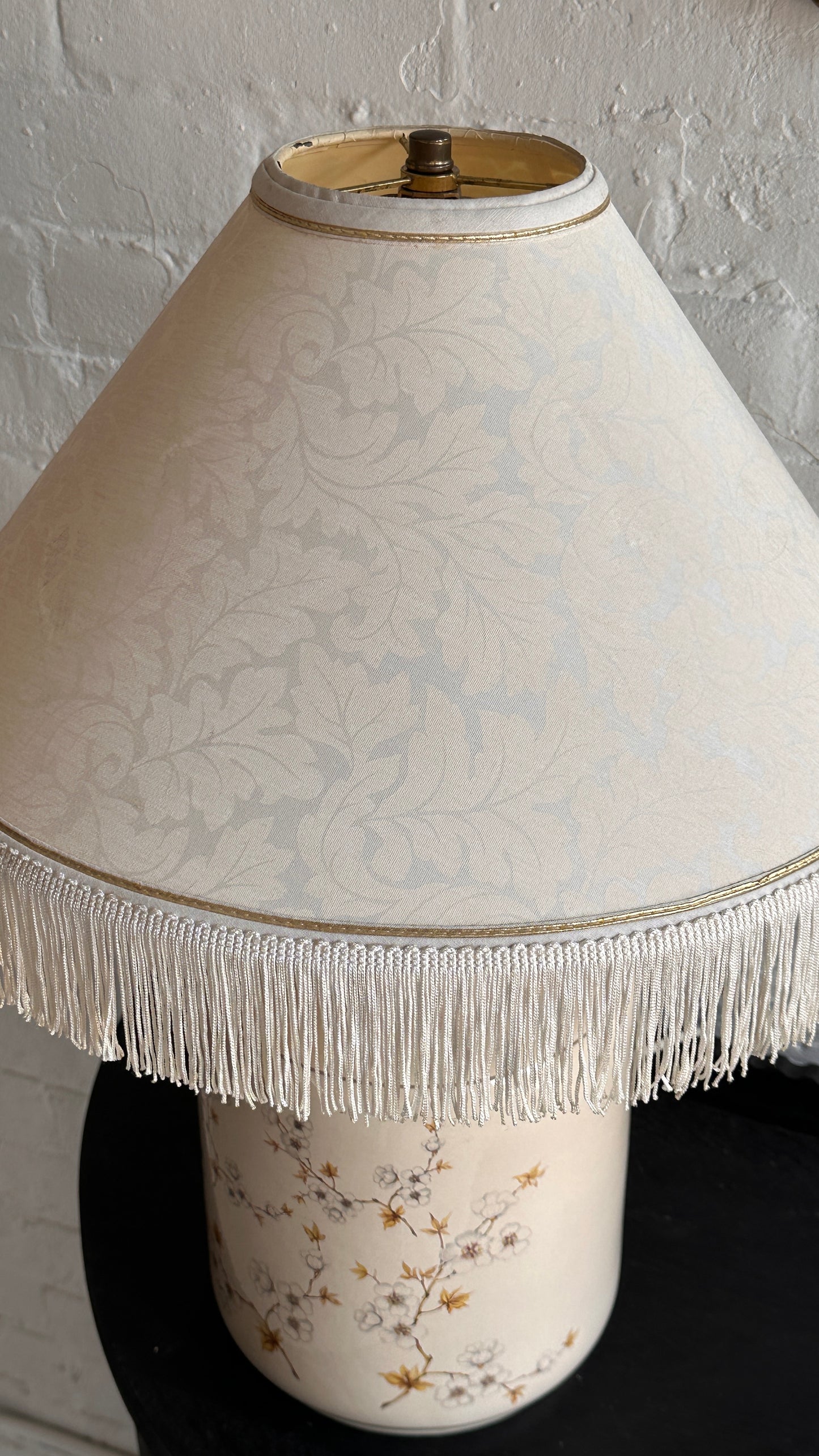 Cream Cylindrical Floral Lamp with Tasseled Shade