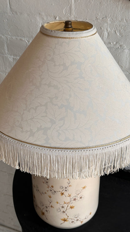 Cream Cylindrical Floral Lamp with Tasseled Shade