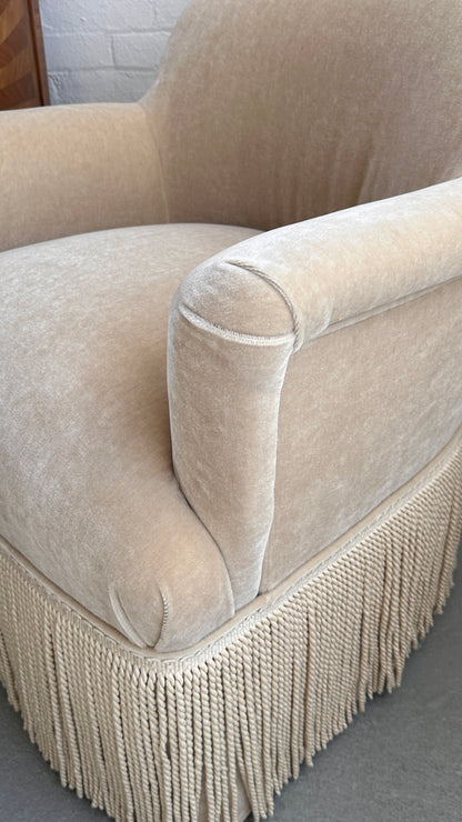 Upholstered Roll Arm Club Chair with Tassel Skirt