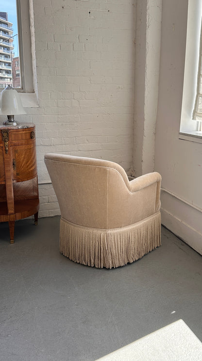 Upholstered Roll Arm Club Chair with Tassel Skirt