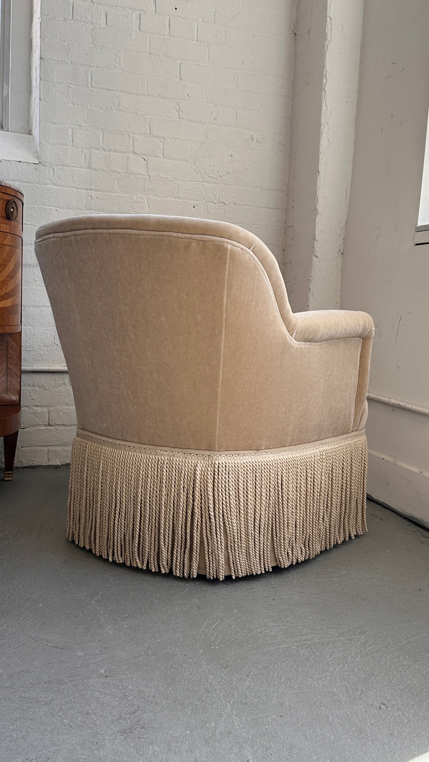 Upholstered Roll Arm Club Chair with Tassel Skirt