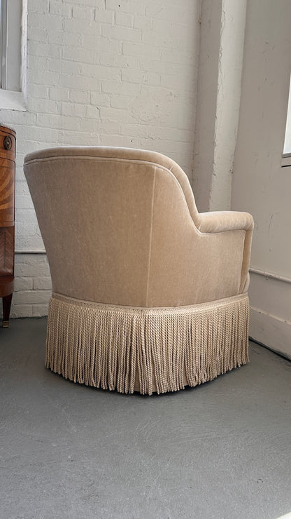 Upholstered Roll Arm Club Chair with Tassel Skirt