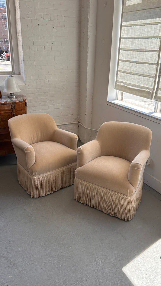 Upholstered Roll Arm Club Chair with Tassel Skirt